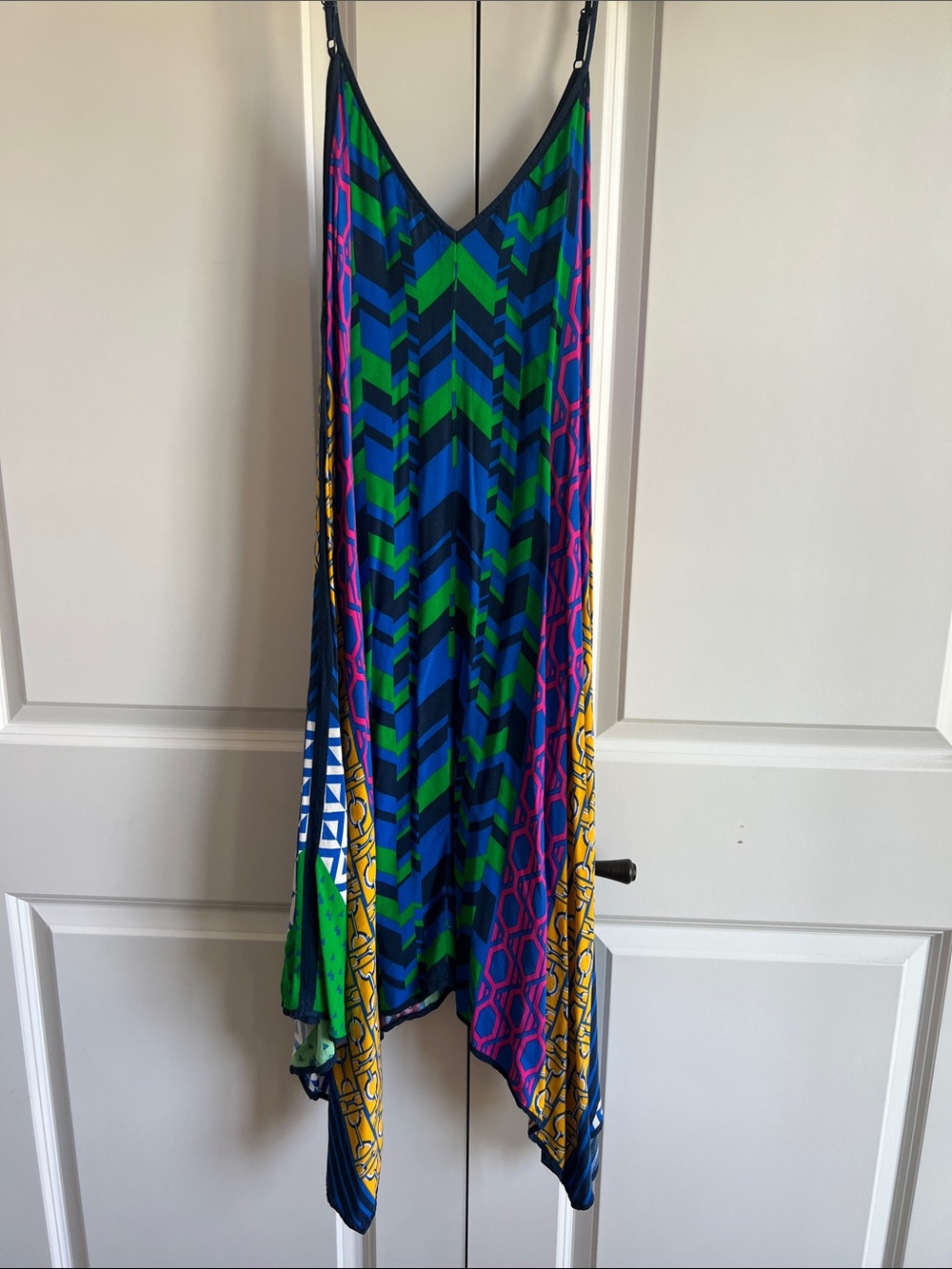 Jealous Tomato Blue, Green & Yellow Asymmetrical Geometric Maxi Dress